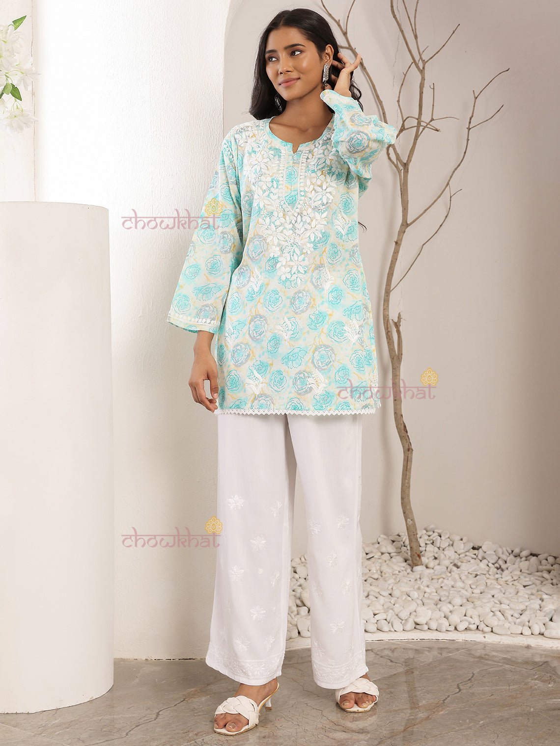 Charvi Mul Cotton Straight Short Chikankari Kurti - Chowkhat Lifestyle