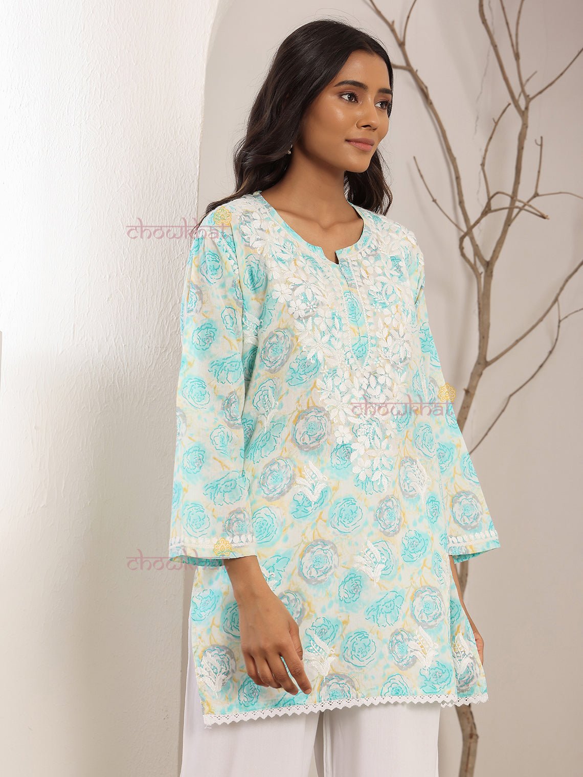 Charvi Mul Cotton Straight Short Chikankari Kurti - Chowkhat Lifestyle