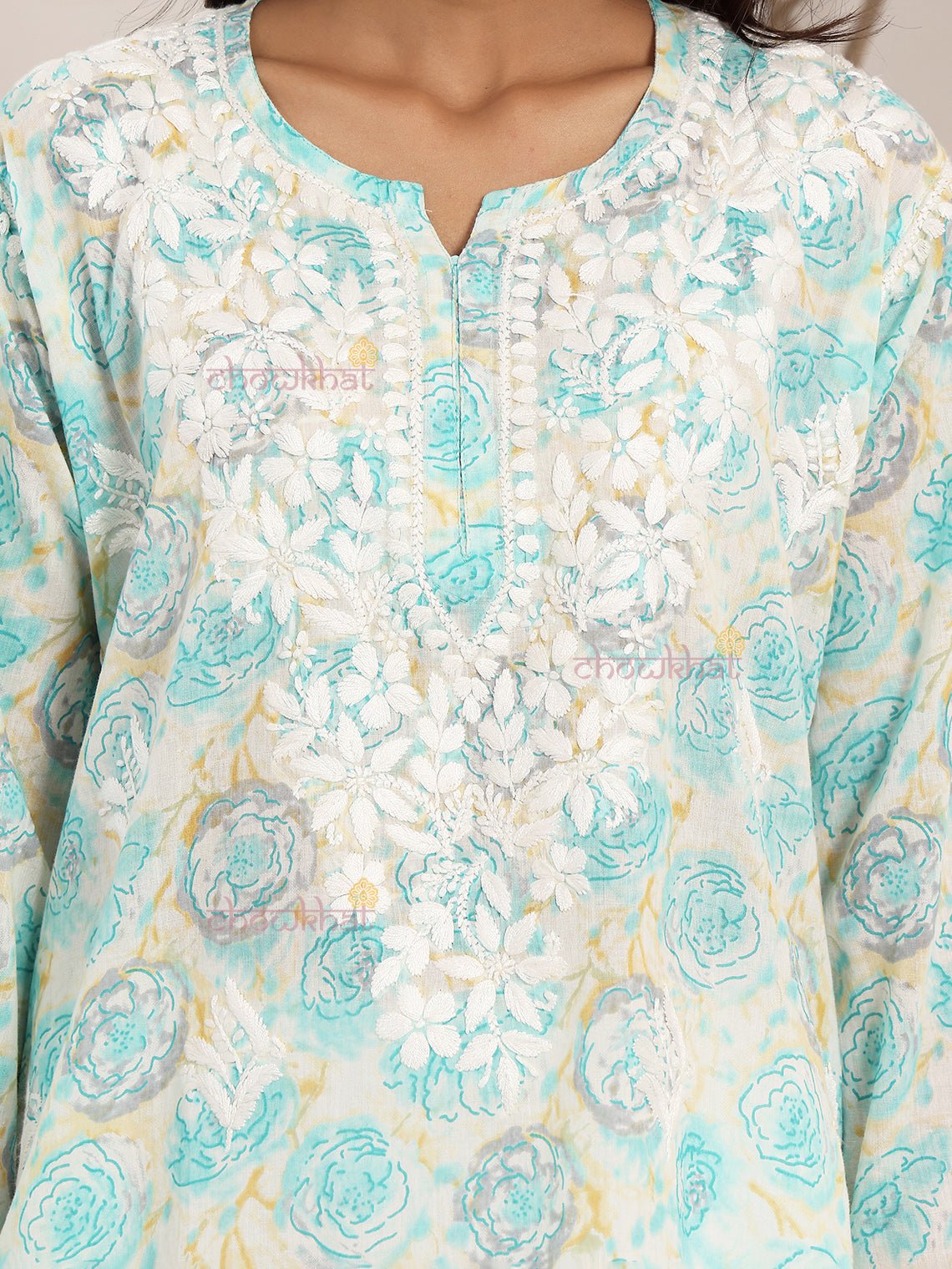 Charvi Mul Cotton Straight Short Chikankari Kurti - Chowkhat Lifestyle