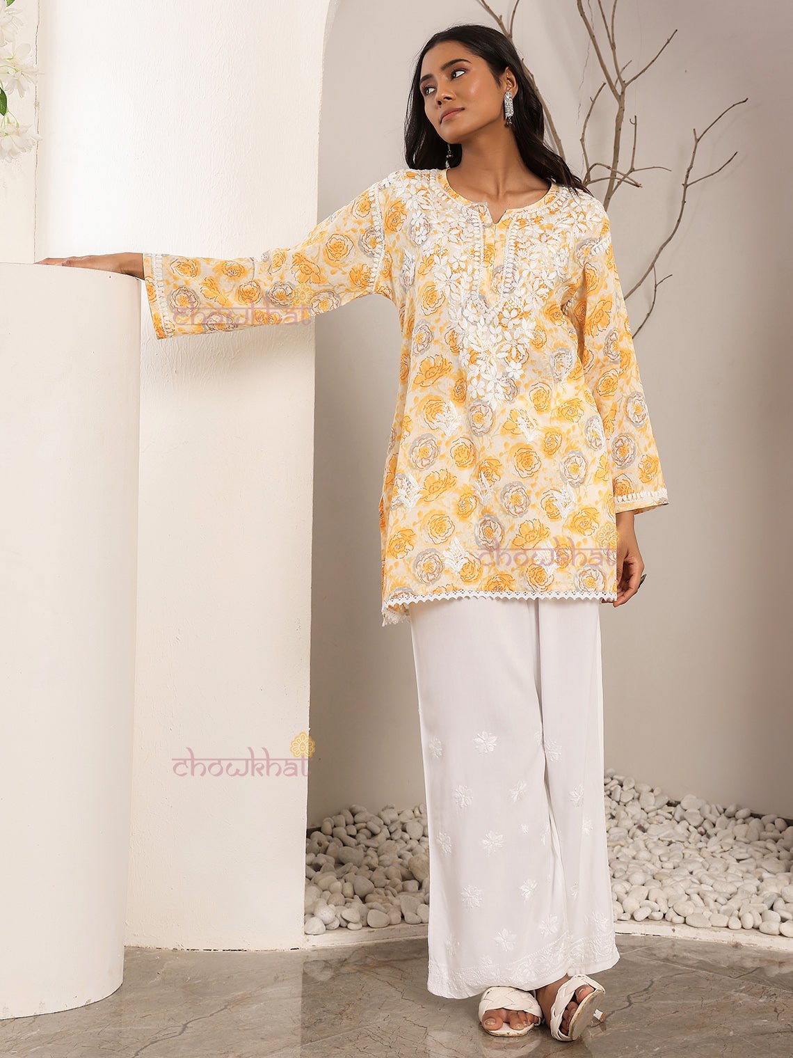 Charvi Mul Cotton Straight Short Chikankari Kurti - Chowkhat Lifestyle