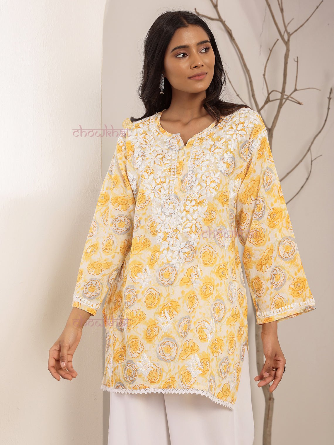 Charvi Mul Cotton Straight Short Chikankari Kurti - Chowkhat Lifestyle