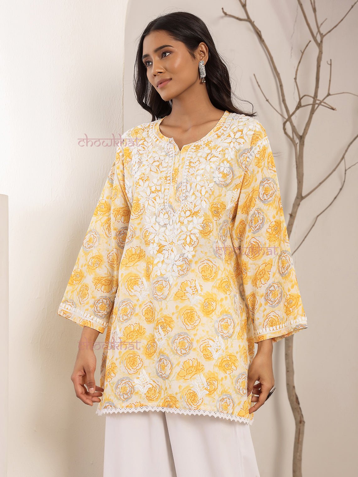 Charvi Mul Cotton Straight Short Chikankari Kurti - Chowkhat Lifestyle
