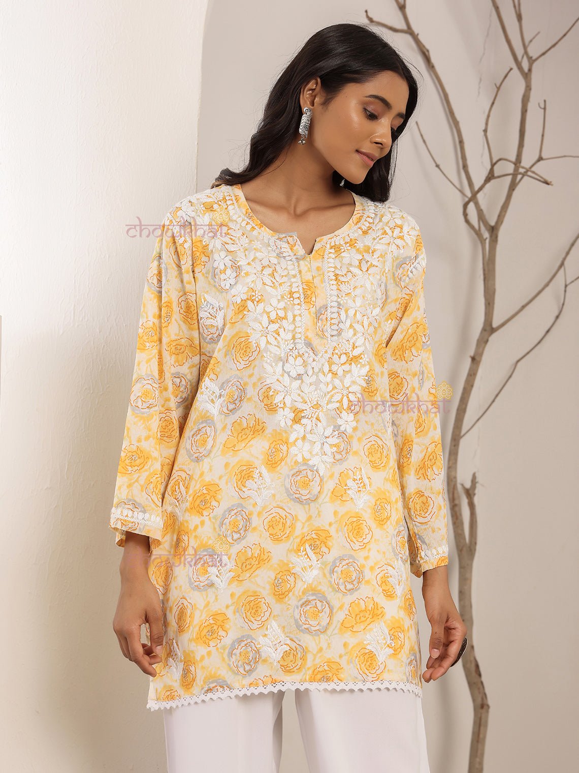 Charvi Mul Cotton Straight Short Chikankari Kurti - Chowkhat Lifestyle