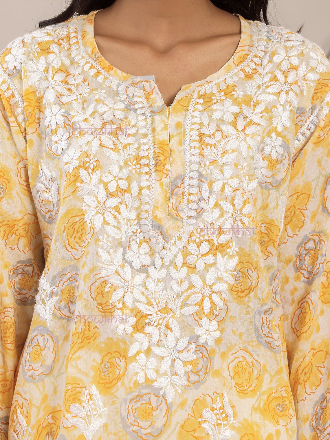 Charvi Mul Cotton Straight Short Chikankari Kurti - Chowkhat Lifestyle