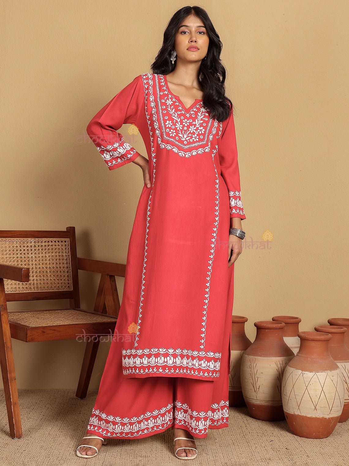 Alia Premium Rayon Straight Chikankari Kurti & Palazzo Set - Chowkhat Lifestyle