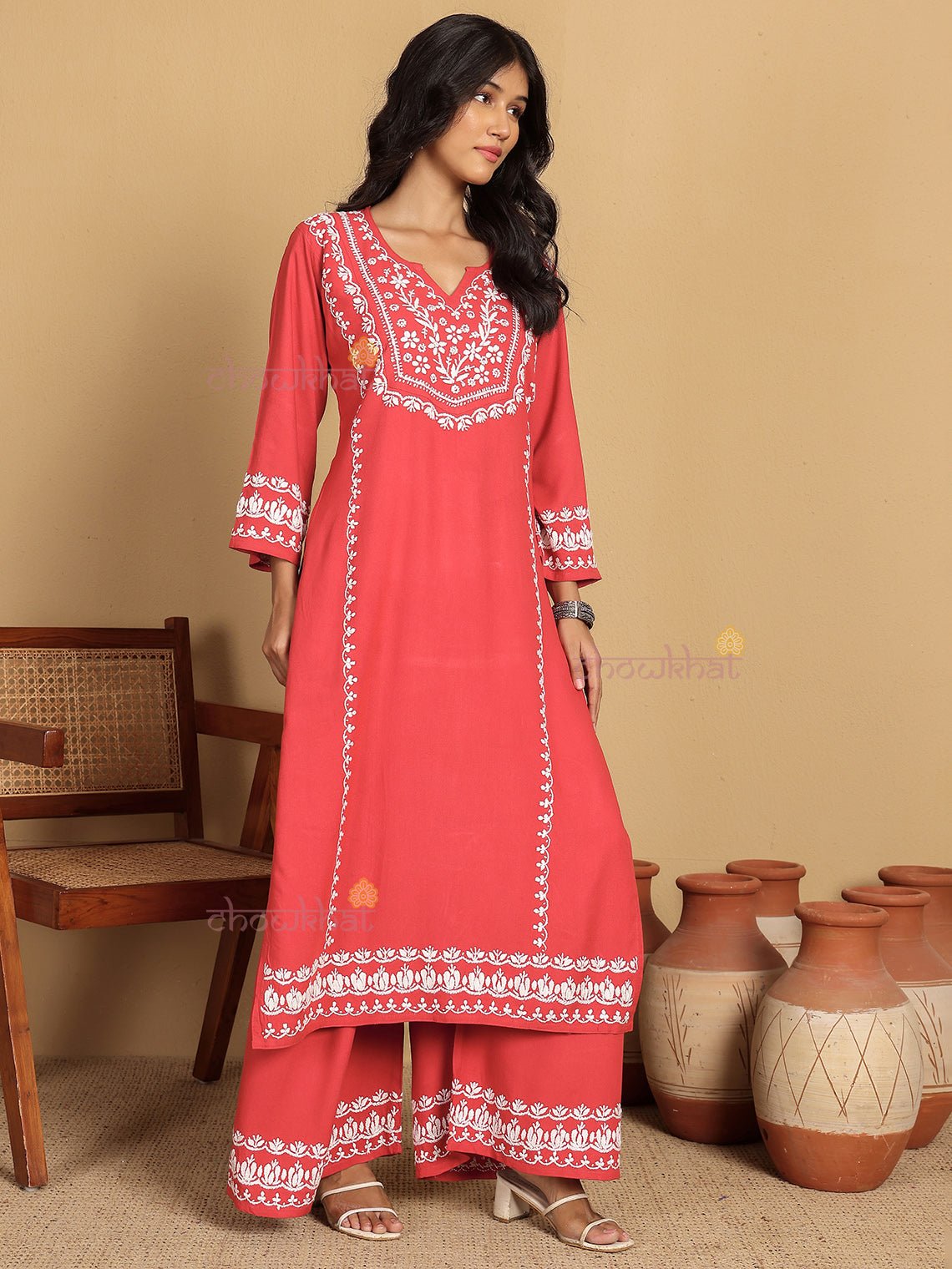 Alia Premium Rayon Straight Chikankari Kurti & Palazzo Set - Chowkhat Lifestyle