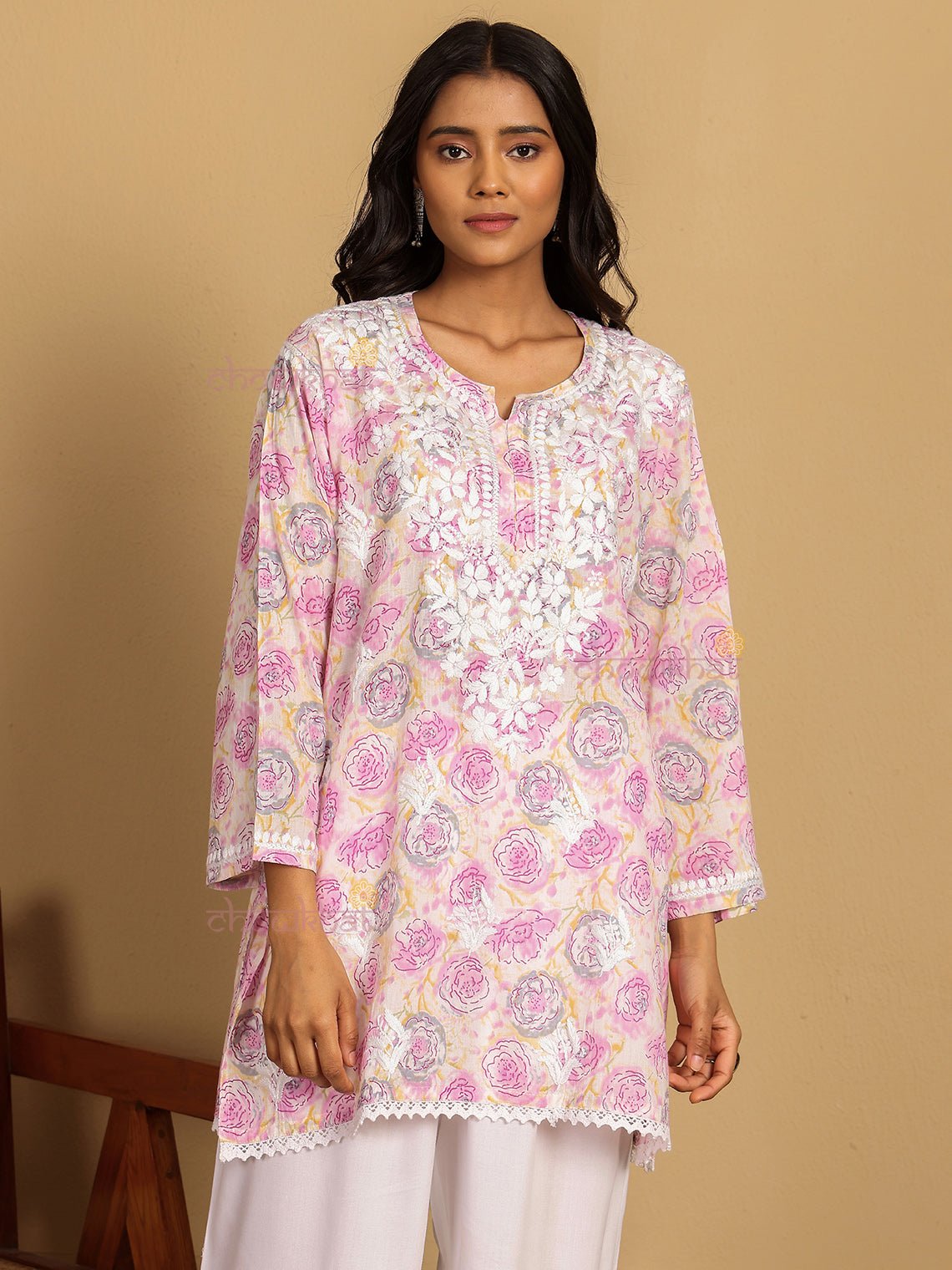 Charvi Mul Cotton Straight Short Chikankari Kurti - Chowkhat Lifestyle