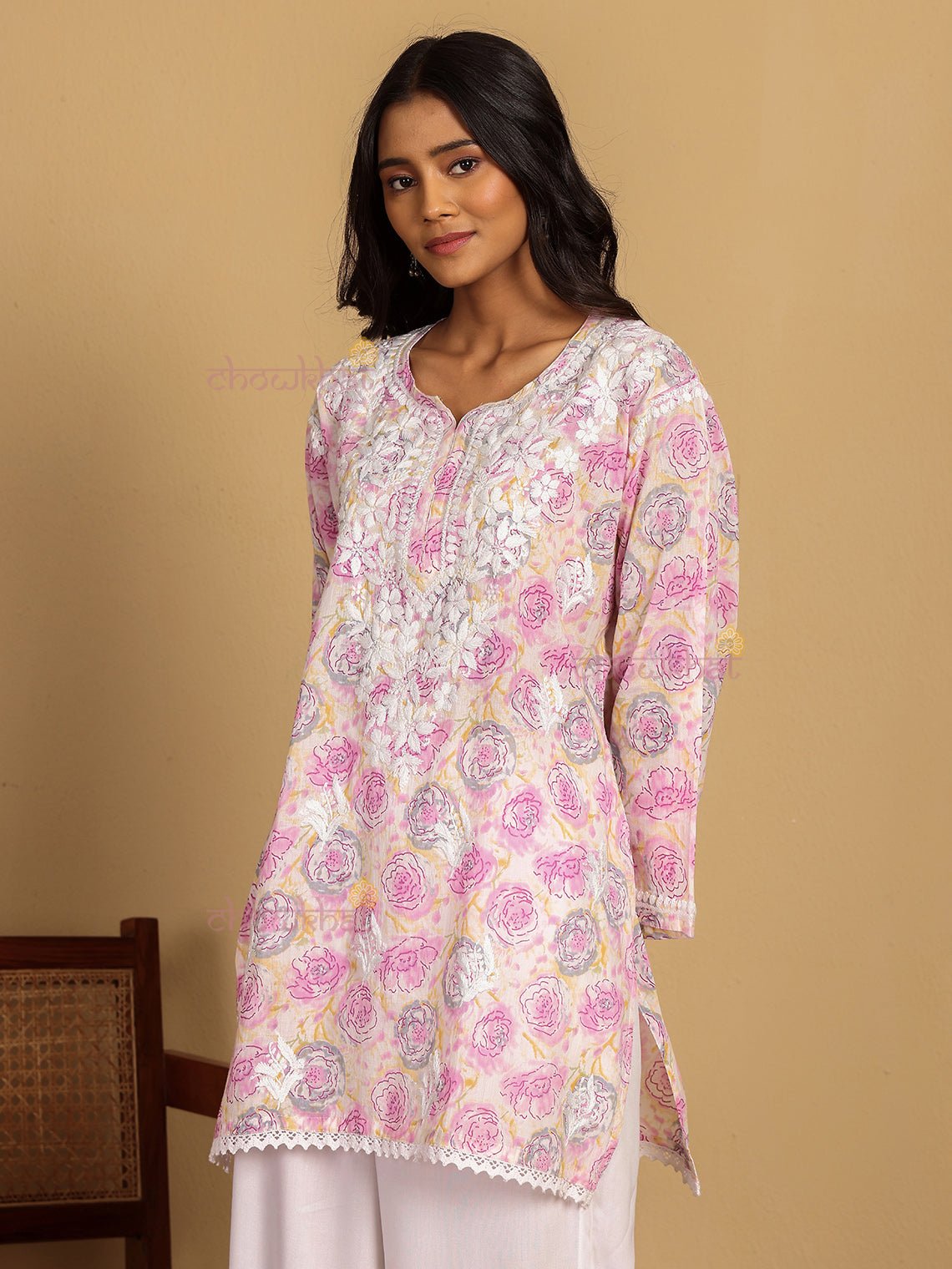 Charvi Mul Cotton Straight Short Chikankari Kurti - Chowkhat Lifestyle