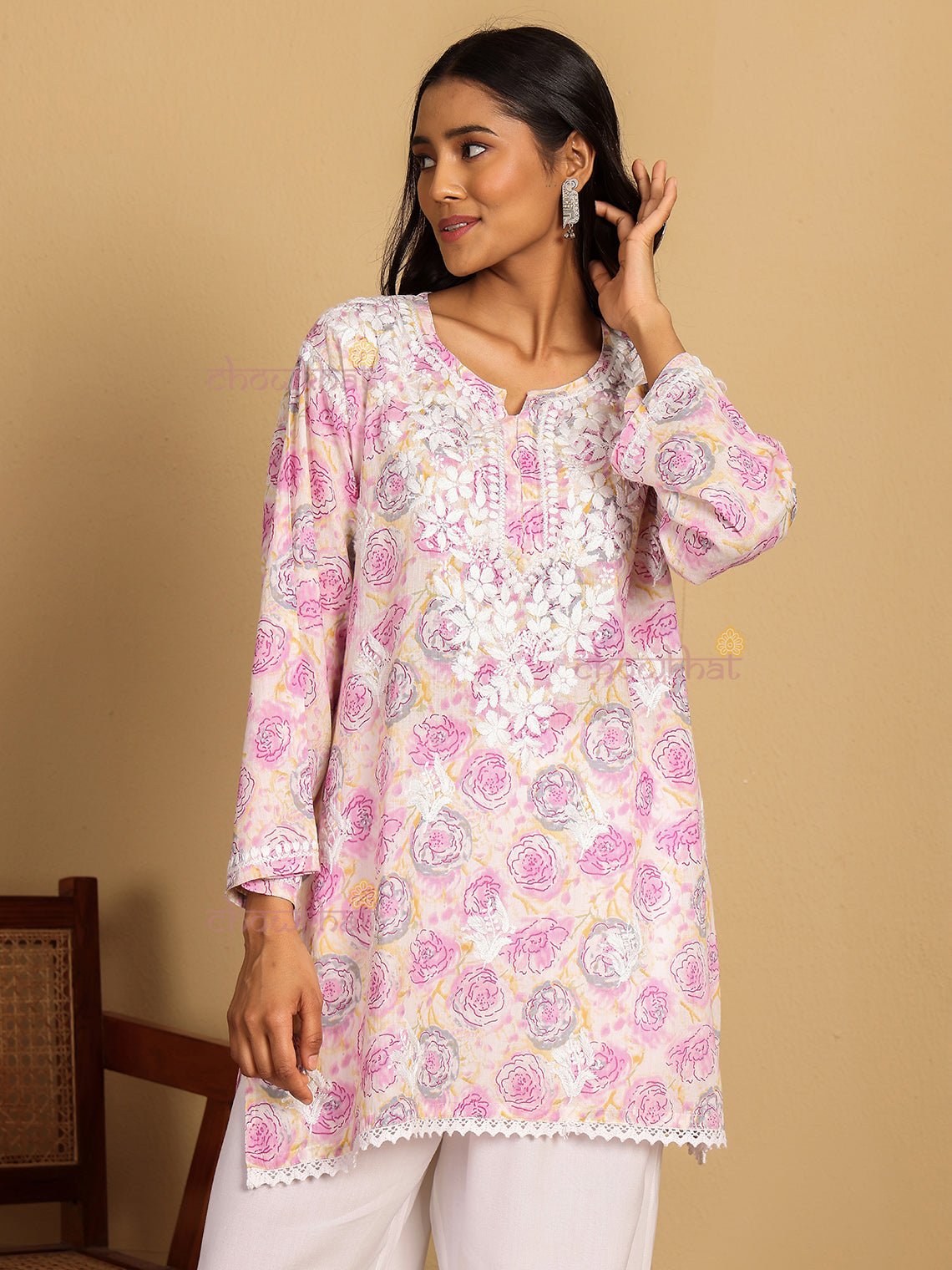 Charvi Mul Cotton Straight Short Chikankari Kurti - Chowkhat Lifestyle