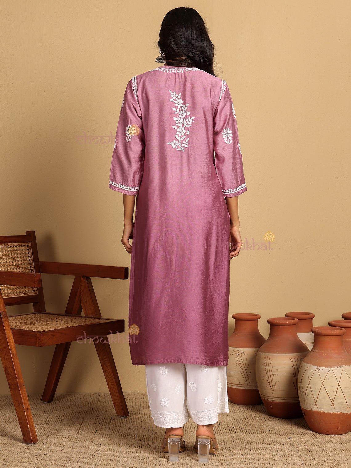 Aira Premium Chanderi Straight Chikankari Kurti - Chowkhat Lifestyle