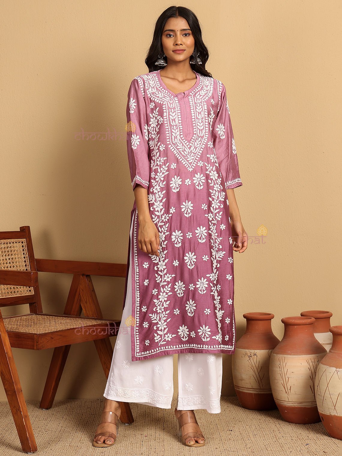 Aira Premium Chanderi Straight Chikankari Kurti - Chowkhat Lifestyle