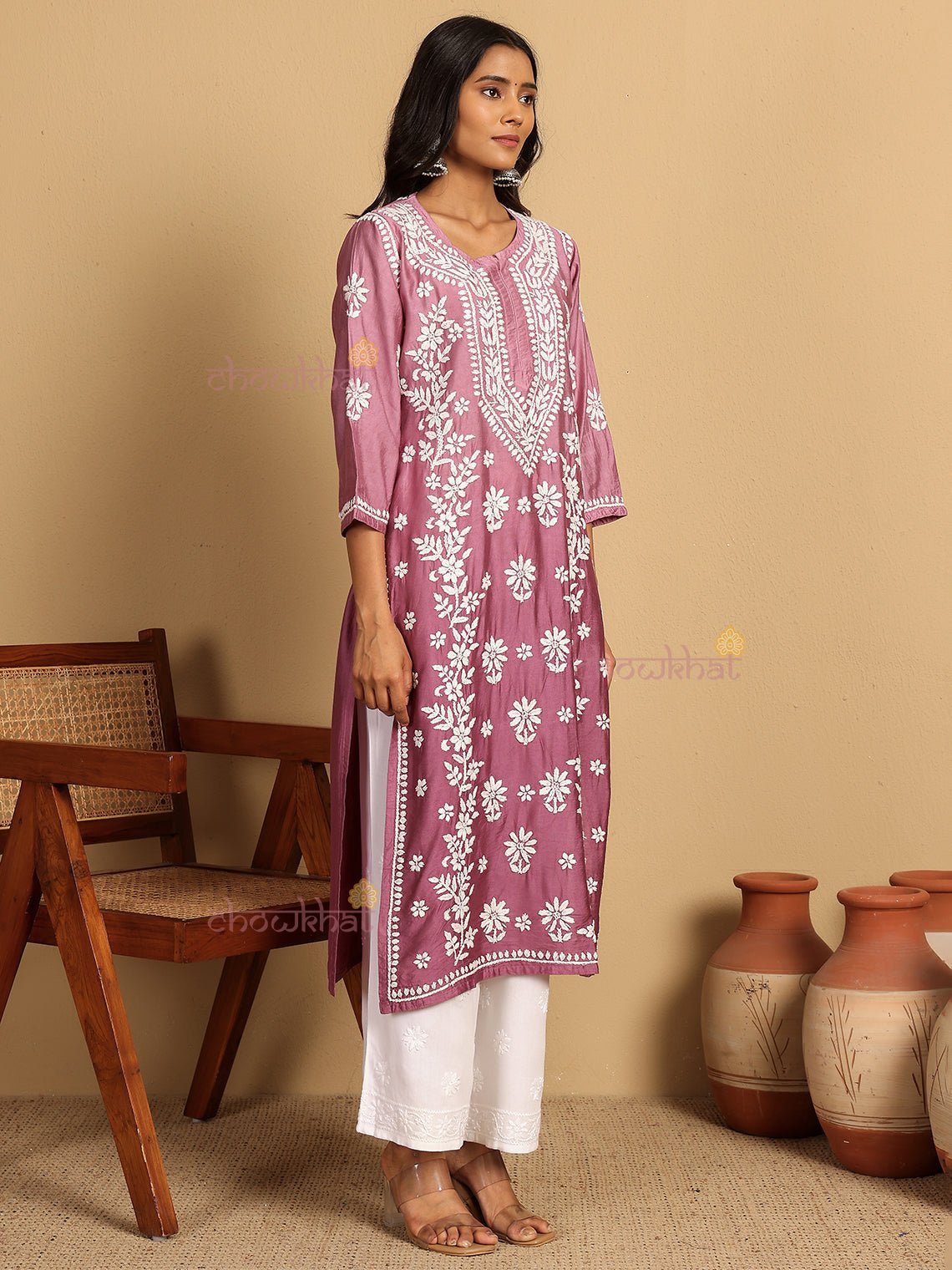 Aira Premium Chanderi Straight Chikankari Kurti - Chowkhat Lifestyle