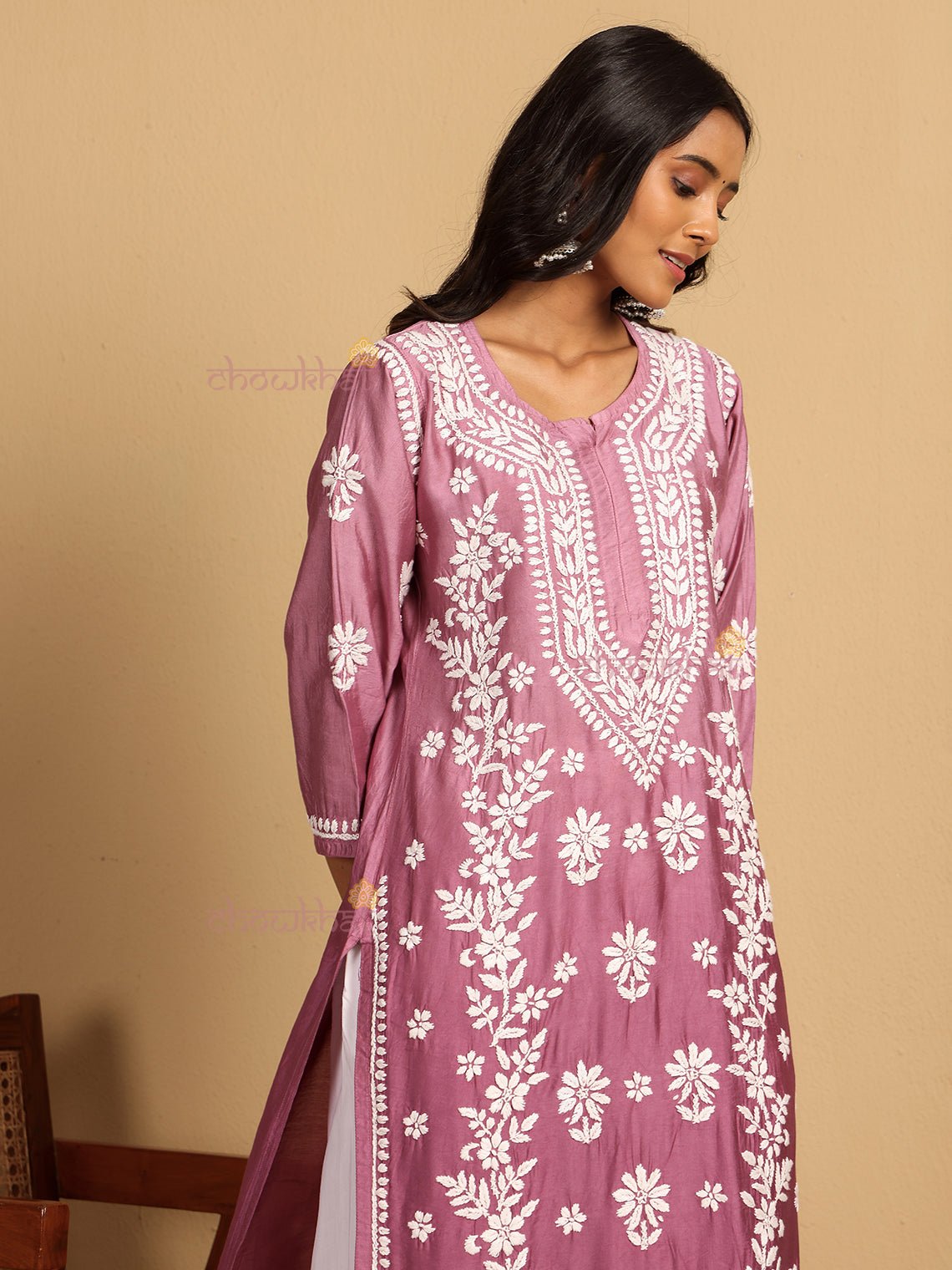 Aira Premium Chanderi Straight Chikankari Kurti - Chowkhat Lifestyle