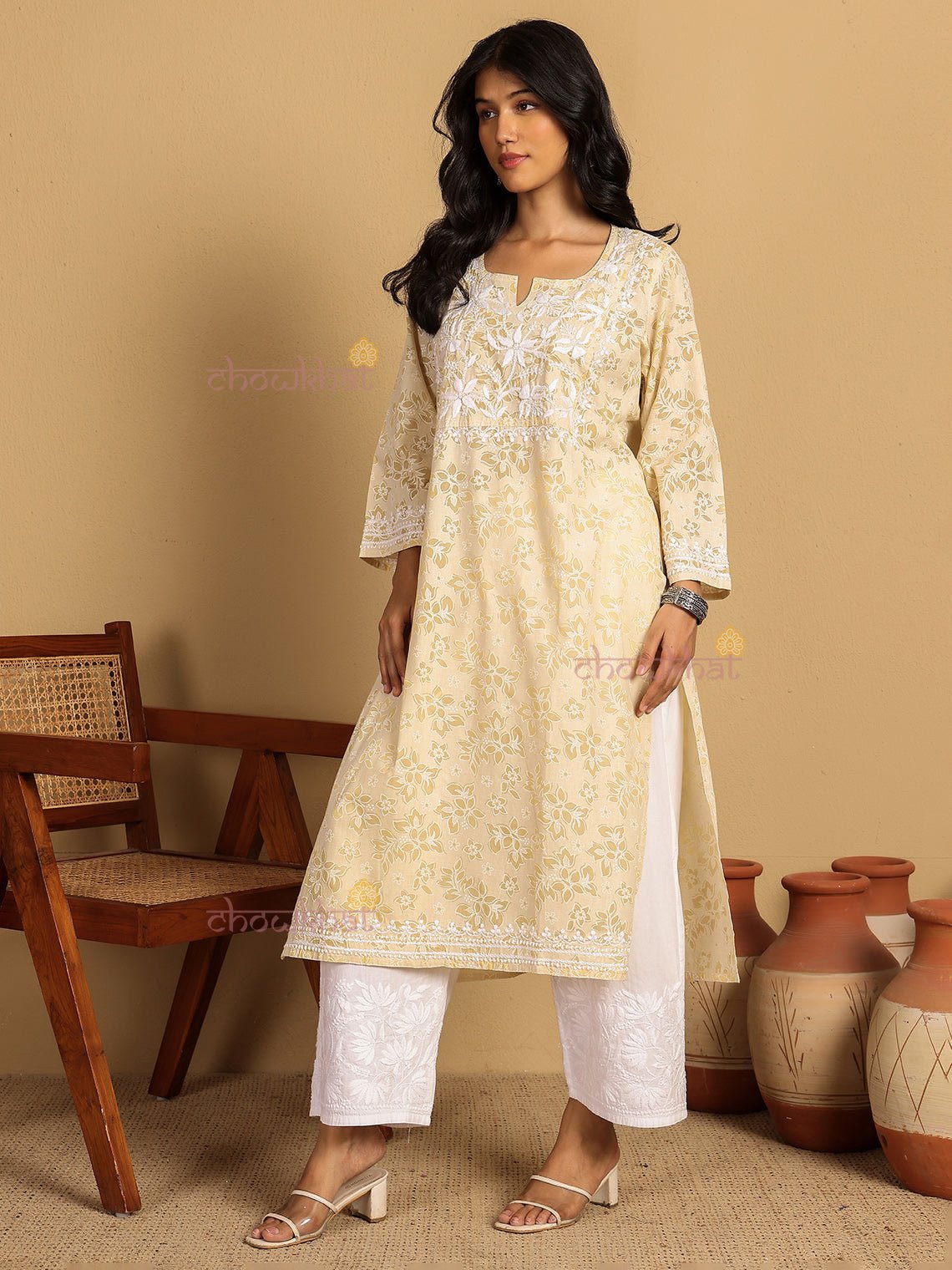 Vanya Mul Cotton Straight Chikankari Kurti - Chowkhat Lifestyle