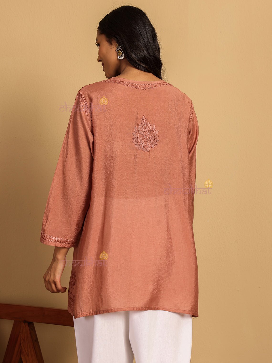 Aarna Chanderi Straight Short Chikankari Kurti - Chowkhat Lifestyle
