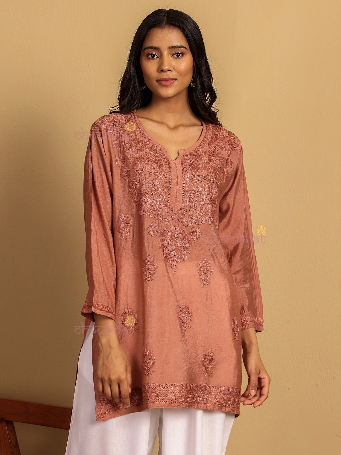 Aarna Chanderi Straight Short Chikankari Kurti - Chowkhat Lifestyle