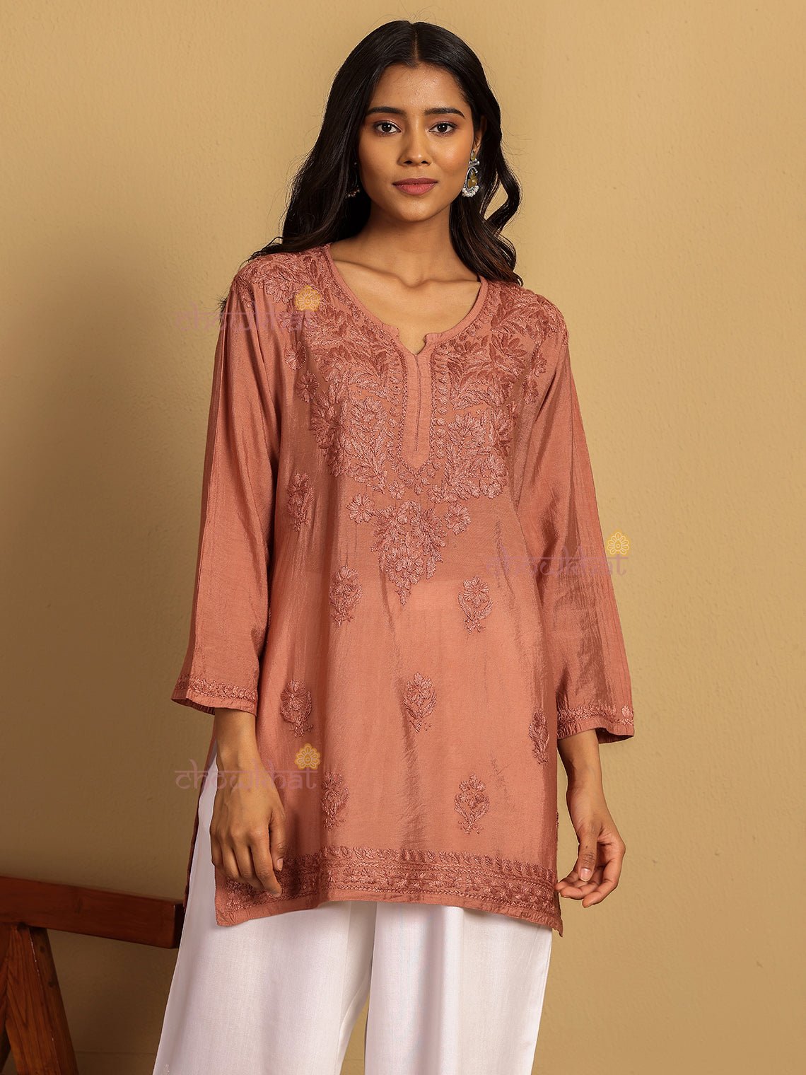 Aarna Chanderi Straight Short Chikankari Kurti - Chowkhat Lifestyle
