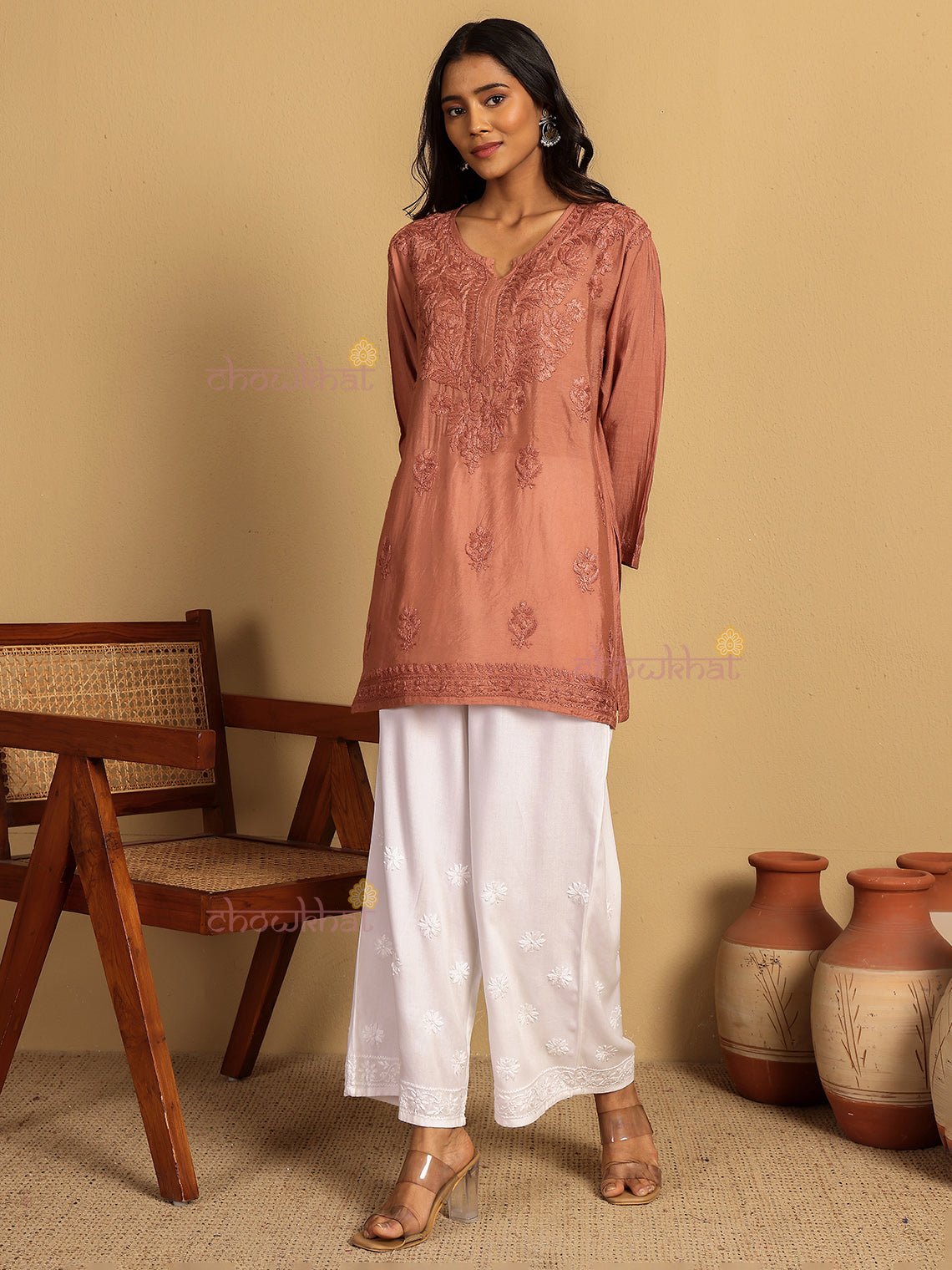 Aarna Chanderi Straight Short Chikankari Kurti - Chowkhat Lifestyle