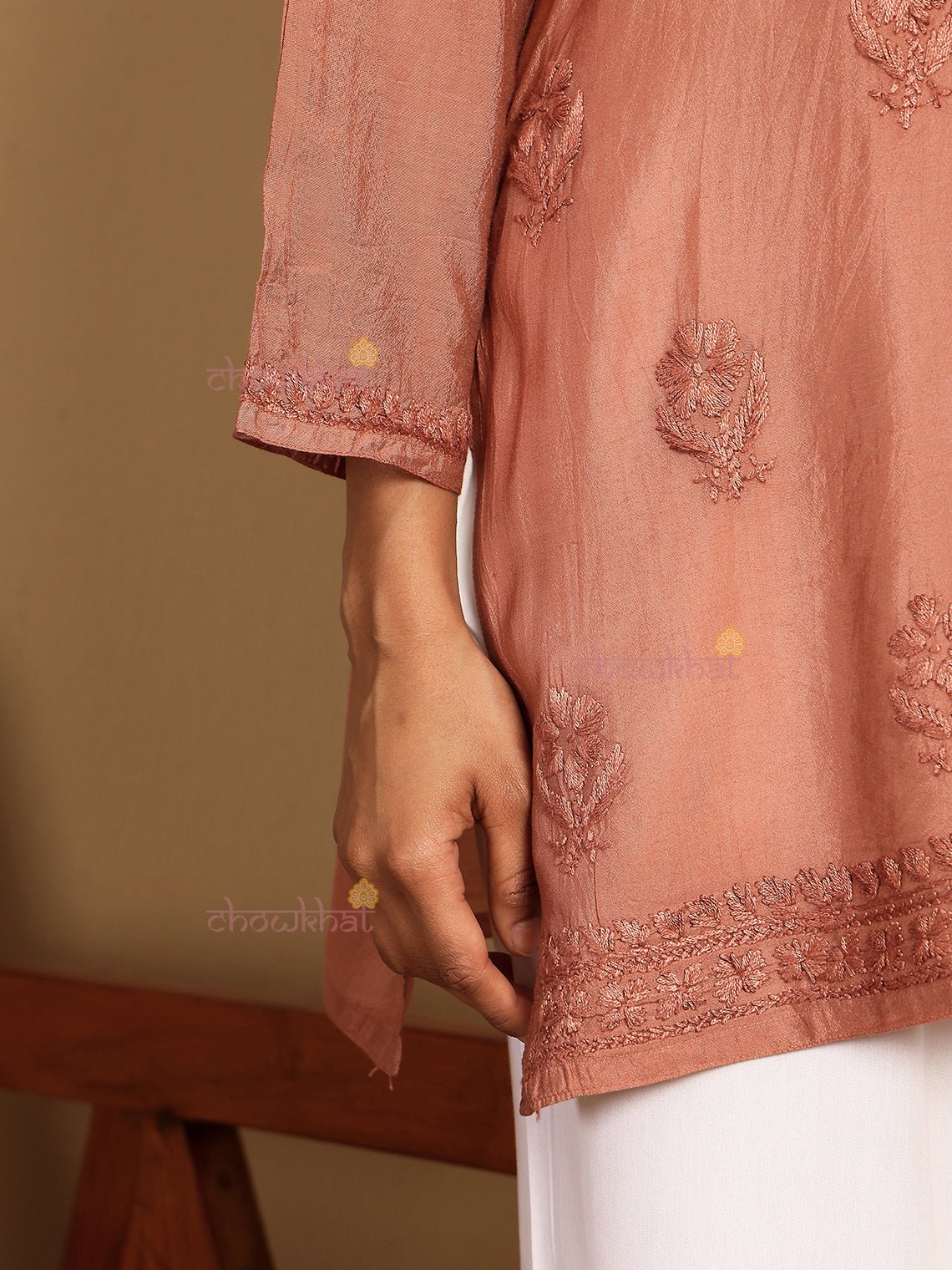 Aarna Chanderi Straight Short Chikankari Kurti - Chowkhat Lifestyle