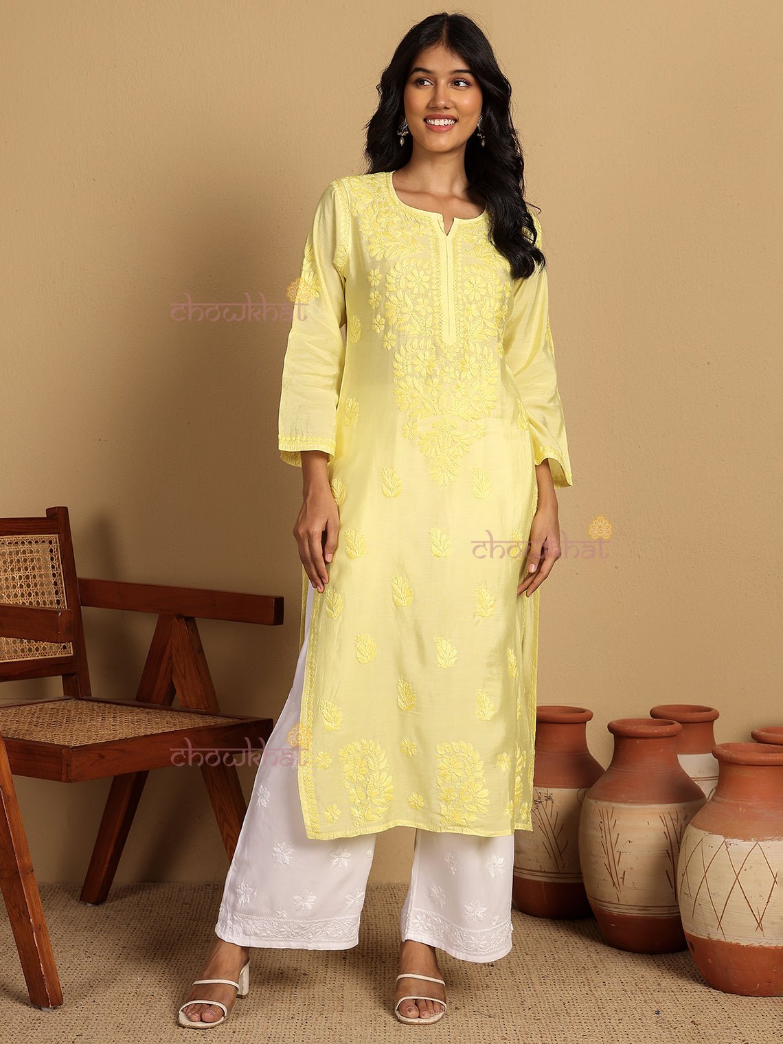 Haniya Premium Straight Chanderi Chikankari Kurti - Chowkhat Lifestyle