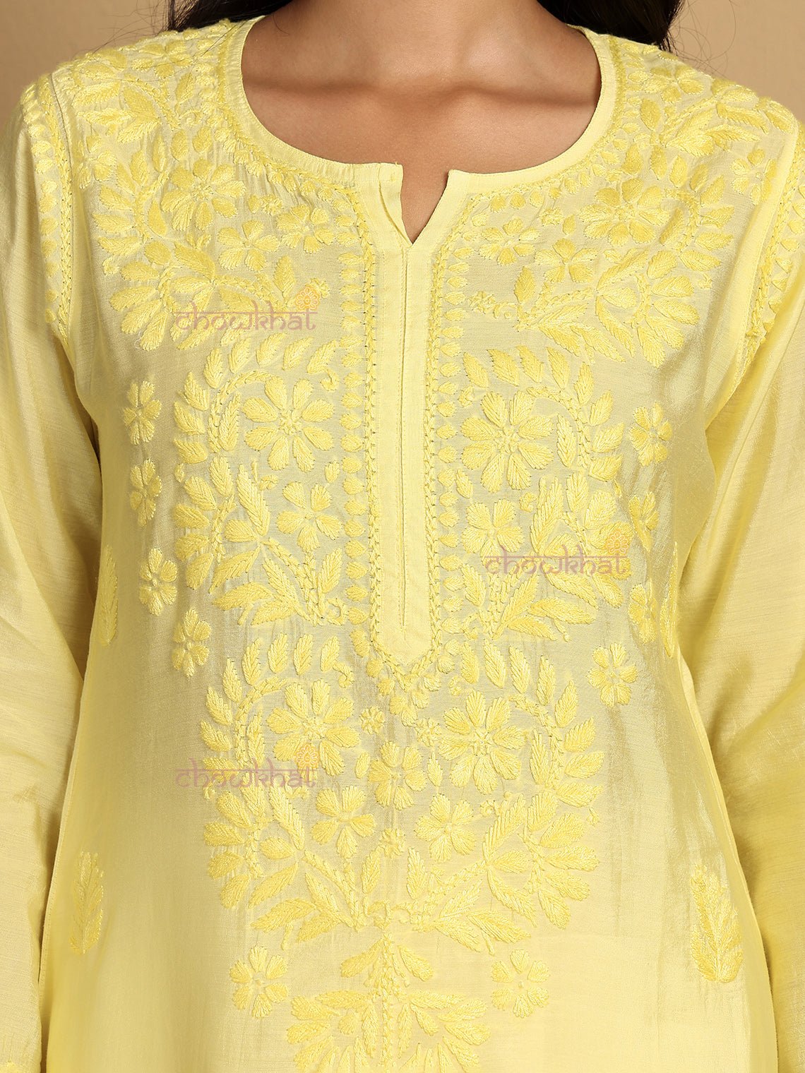 Haniya Premium Straight Chanderi Chikankari Kurti - Chowkhat Lifestyle