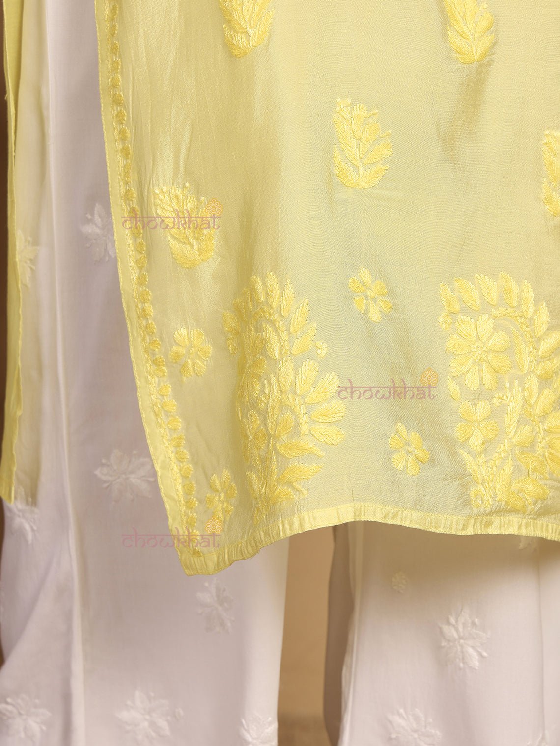 Haniya Premium Straight Chanderi Chikankari Kurti - Chowkhat Lifestyle
