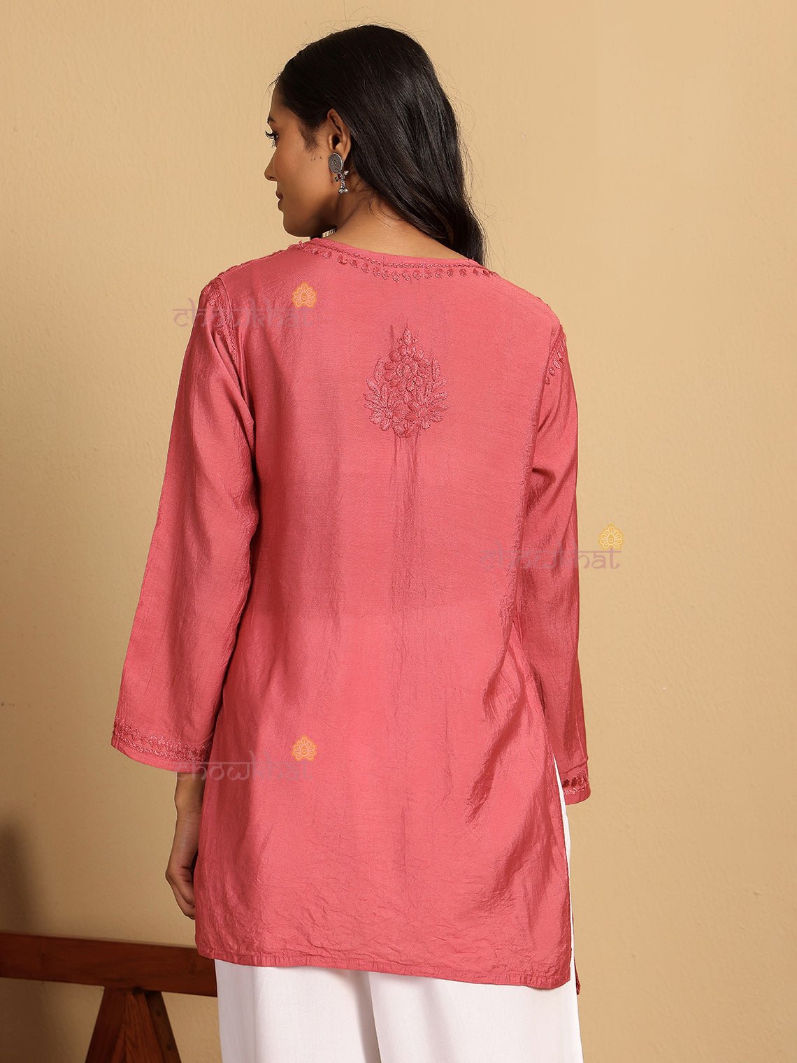 Aarna Chanderi Straight Short Chikankari Kurti - Chowkhat Lifestyle