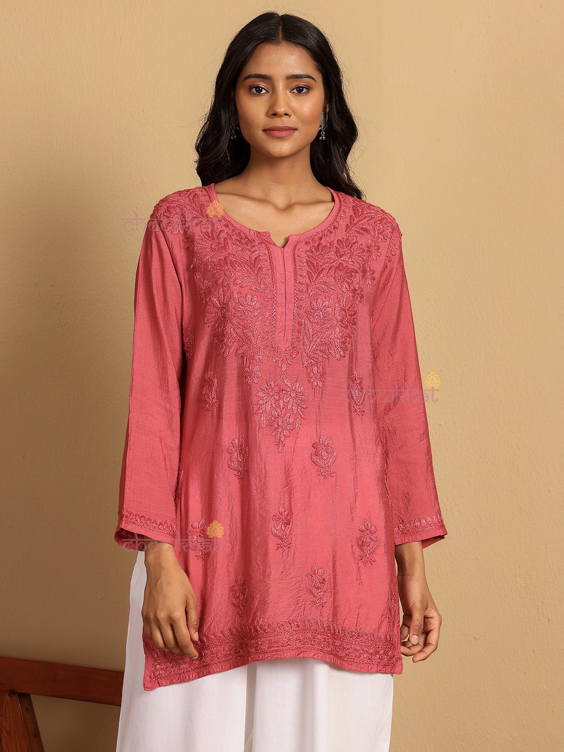 Aarna Chanderi Straight Short Chikankari Kurti - Chowkhat Lifestyle