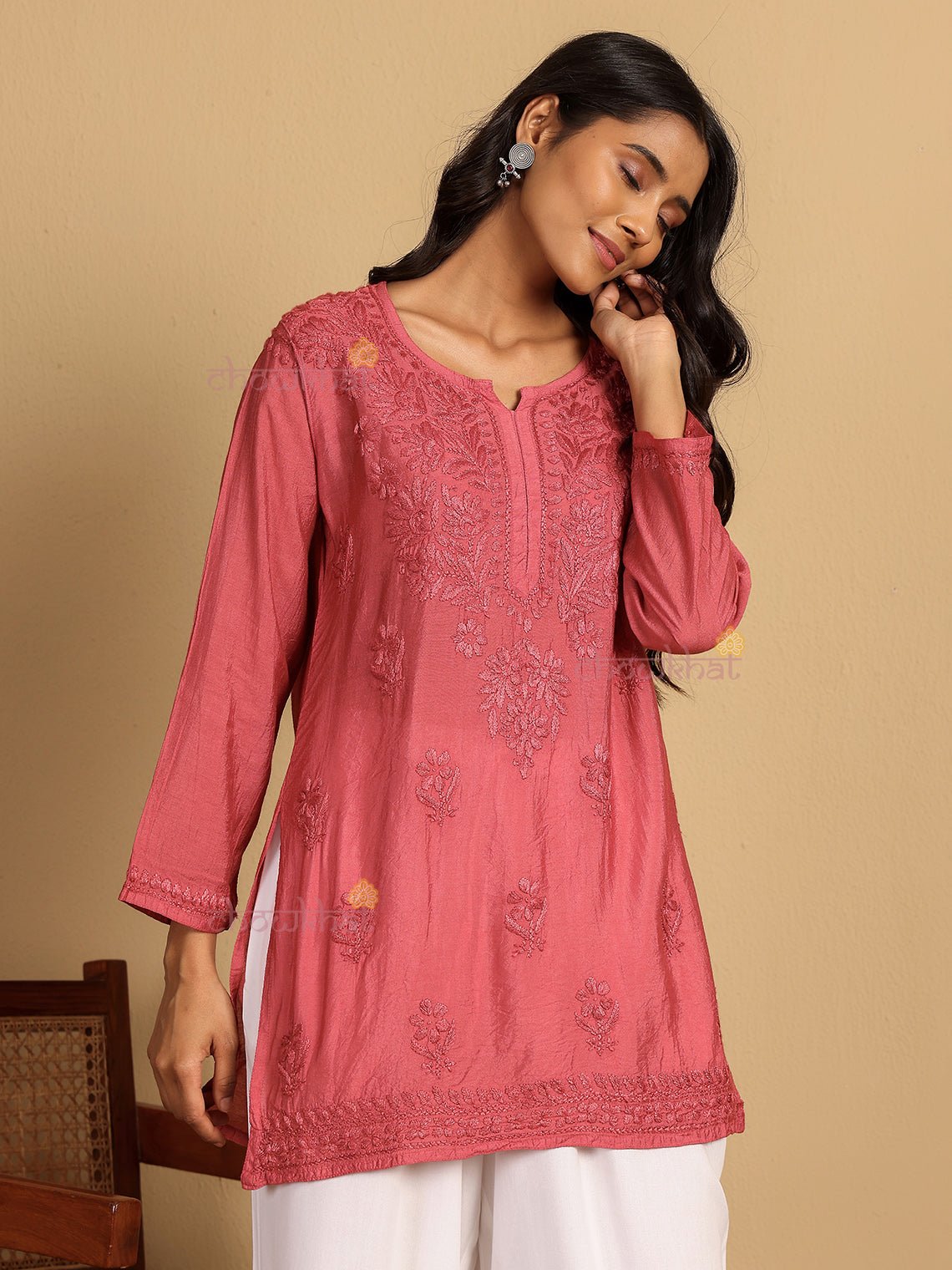 Aarna Chanderi Straight Short Chikankari Kurti - Chowkhat Lifestyle