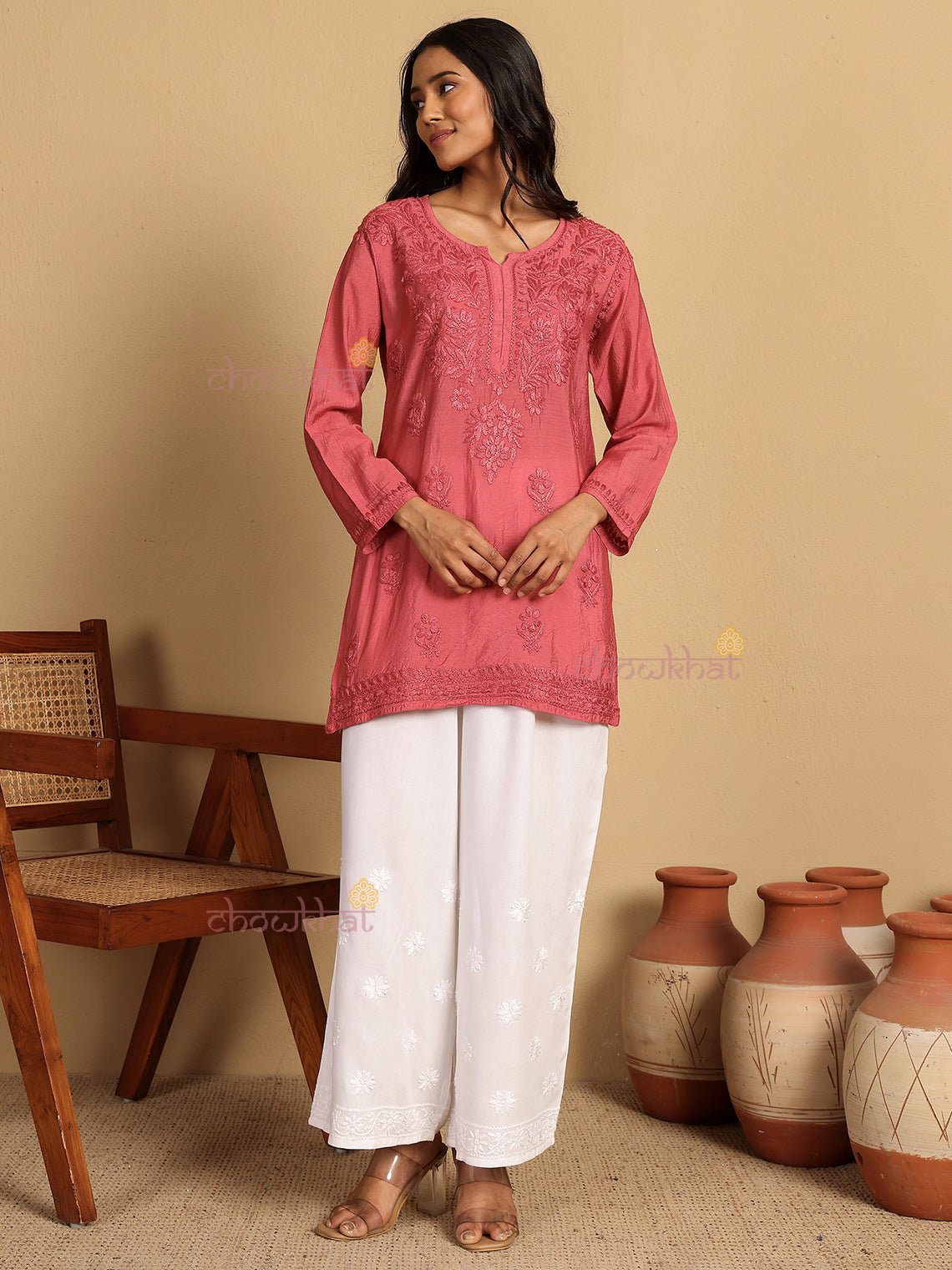 Aarna Chanderi Straight Short Chikankari Kurti - Chowkhat Lifestyle
