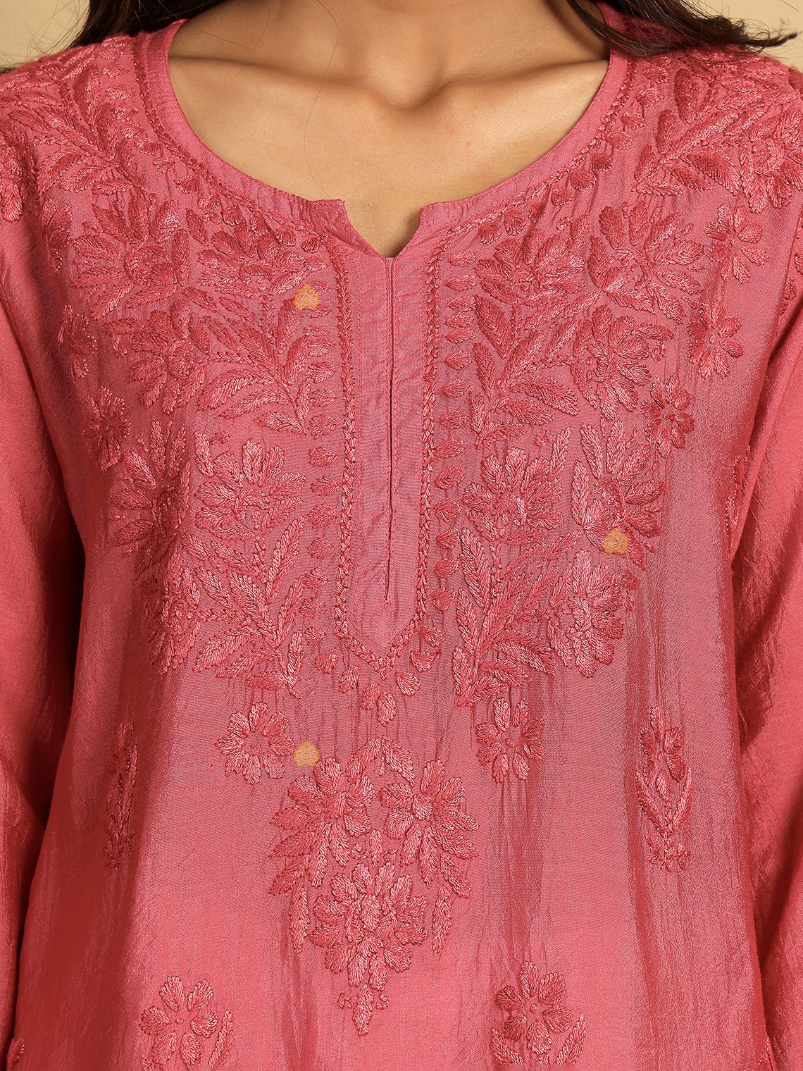 Aarna Chanderi Straight Short Chikankari Kurti - Chowkhat Lifestyle