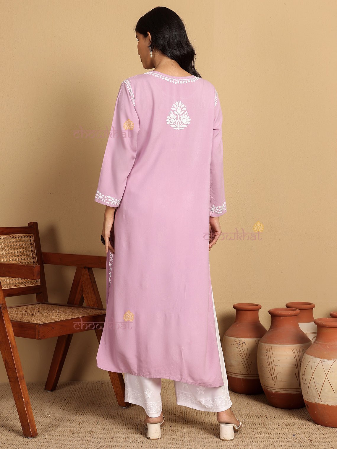 Tisha Straight Rayon Chikankari Long Kurti - Chowkhat Lifestyle