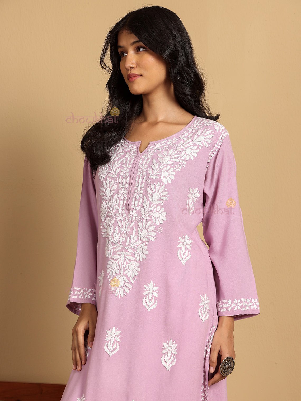 Tisha Straight Rayon Chikankari Long Kurti - Chowkhat Lifestyle