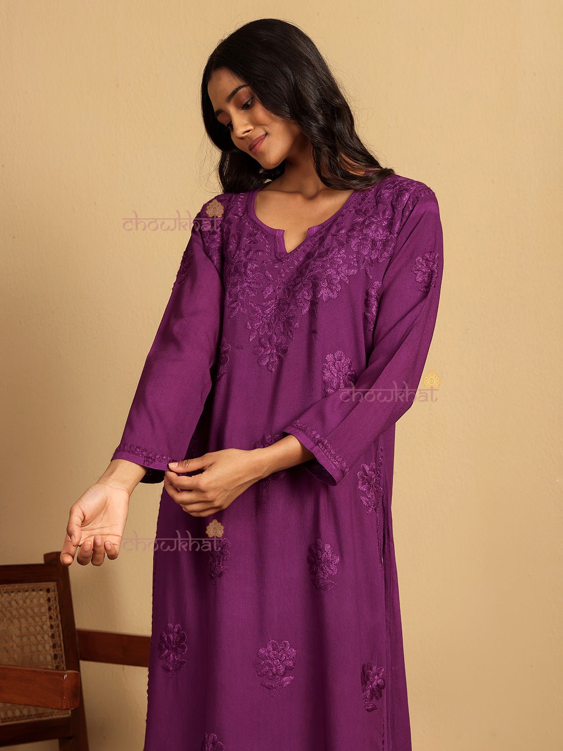 Ayla Straight Long Rayon Chikankari Kurti - Chowkhat Lifestyle