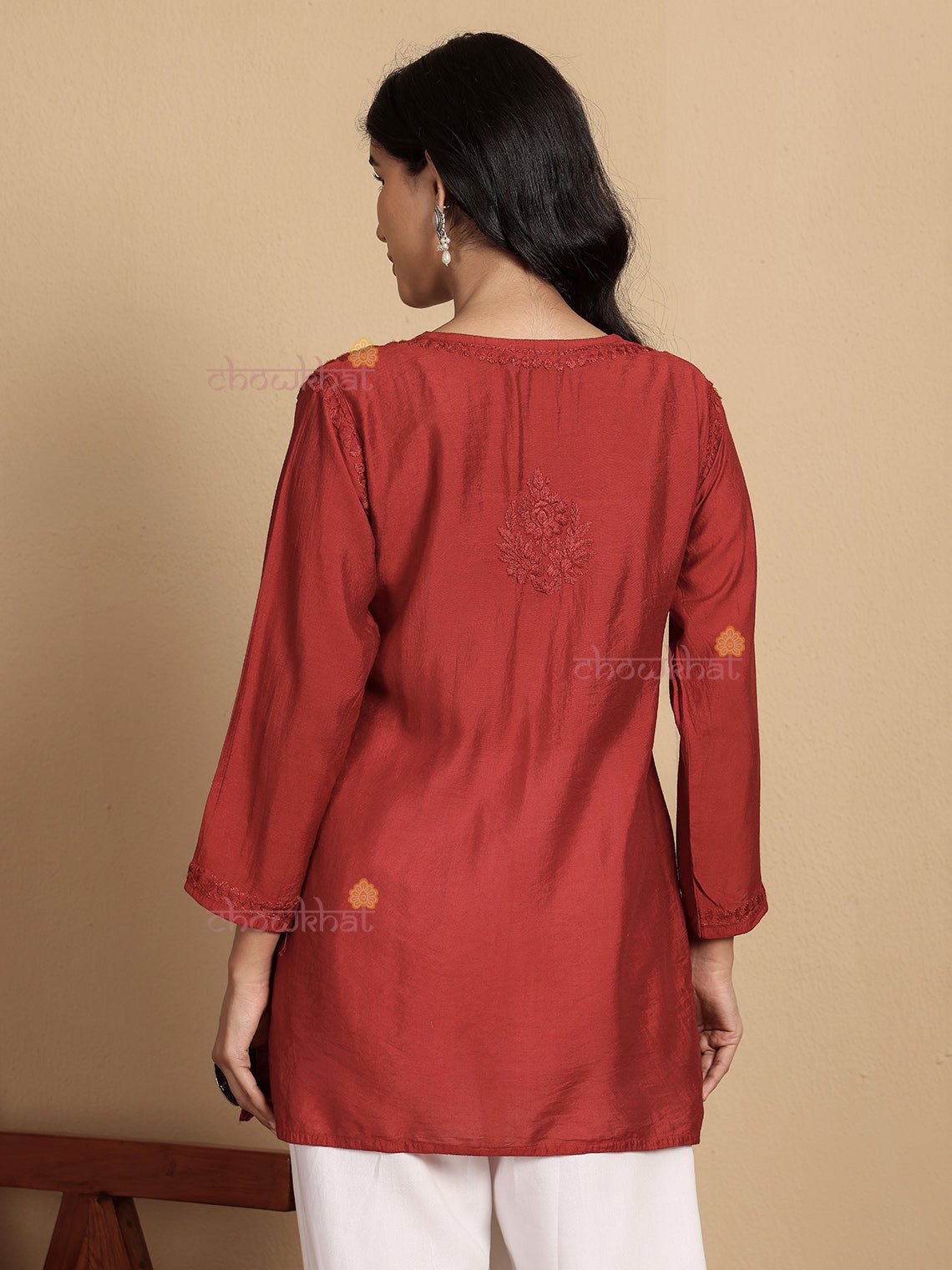 Aarna Chanderi Straight Short Chikankari Kurti - Chowkhat Lifestyle