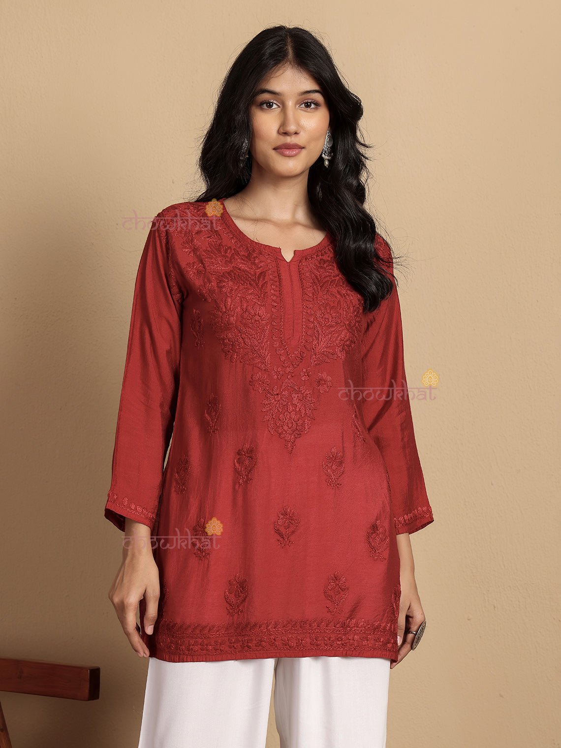Aarna Chanderi Straight Short Chikankari Kurti - Chowkhat Lifestyle