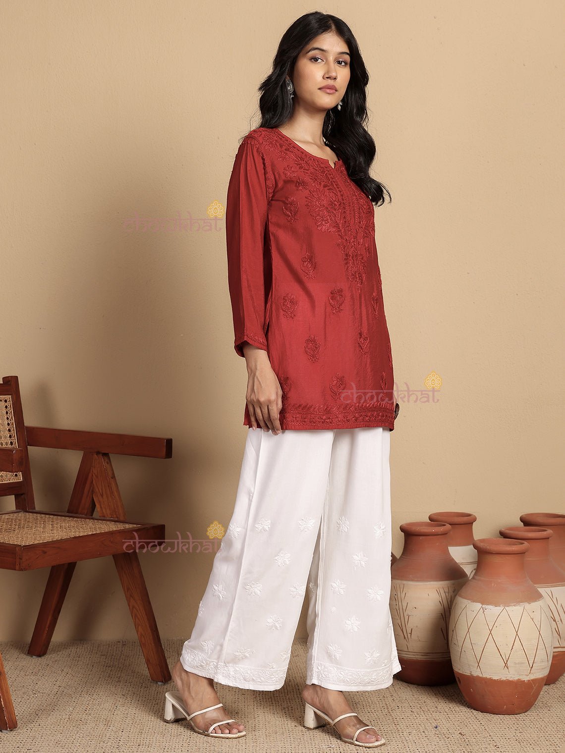 Aarna Chanderi Straight Short Chikankari Kurti - Chowkhat Lifestyle
