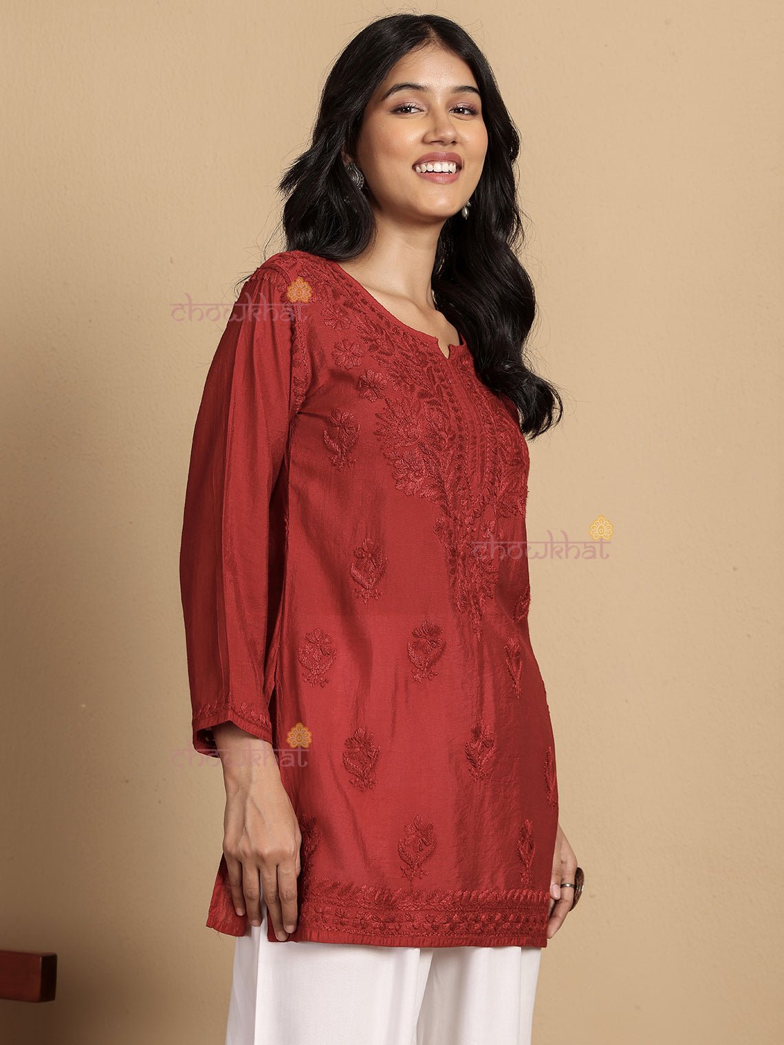 Aarna Chanderi Straight Short Chikankari Kurti - Chowkhat Lifestyle