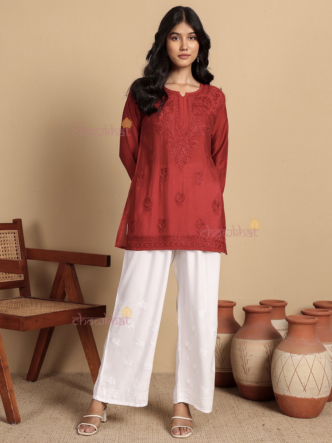 Aarna Chanderi Straight Short Chikankari Kurti - Chowkhat Lifestyle