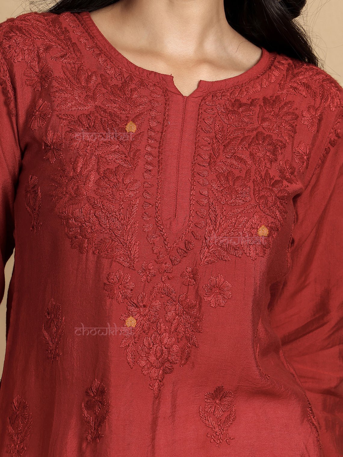 Aarna Chanderi Straight Short Chikankari Kurti - Chowkhat Lifestyle