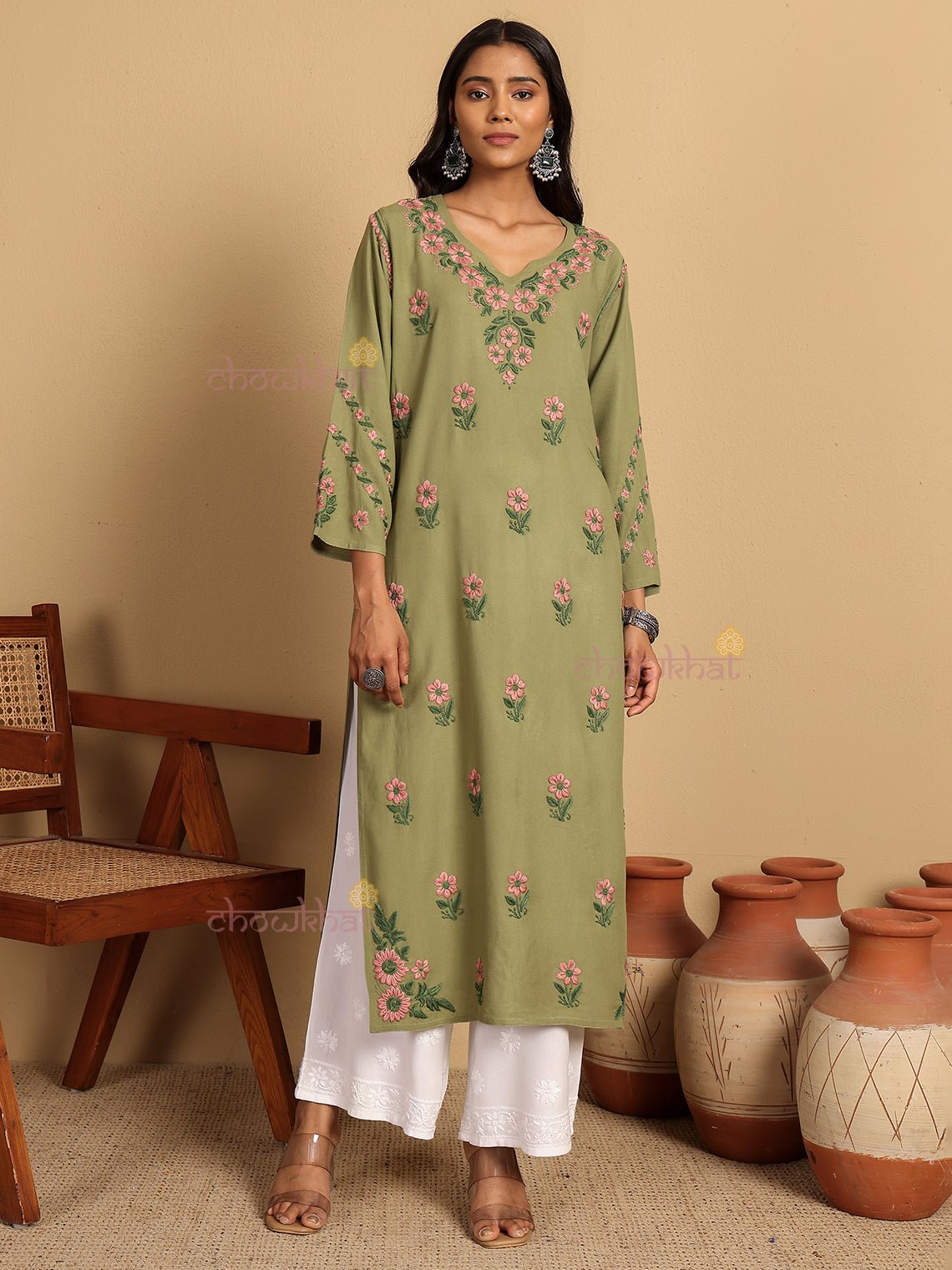 Aqsa Premium Rayon Straight Chikankari Kurti - Chowkhat Lifestyle