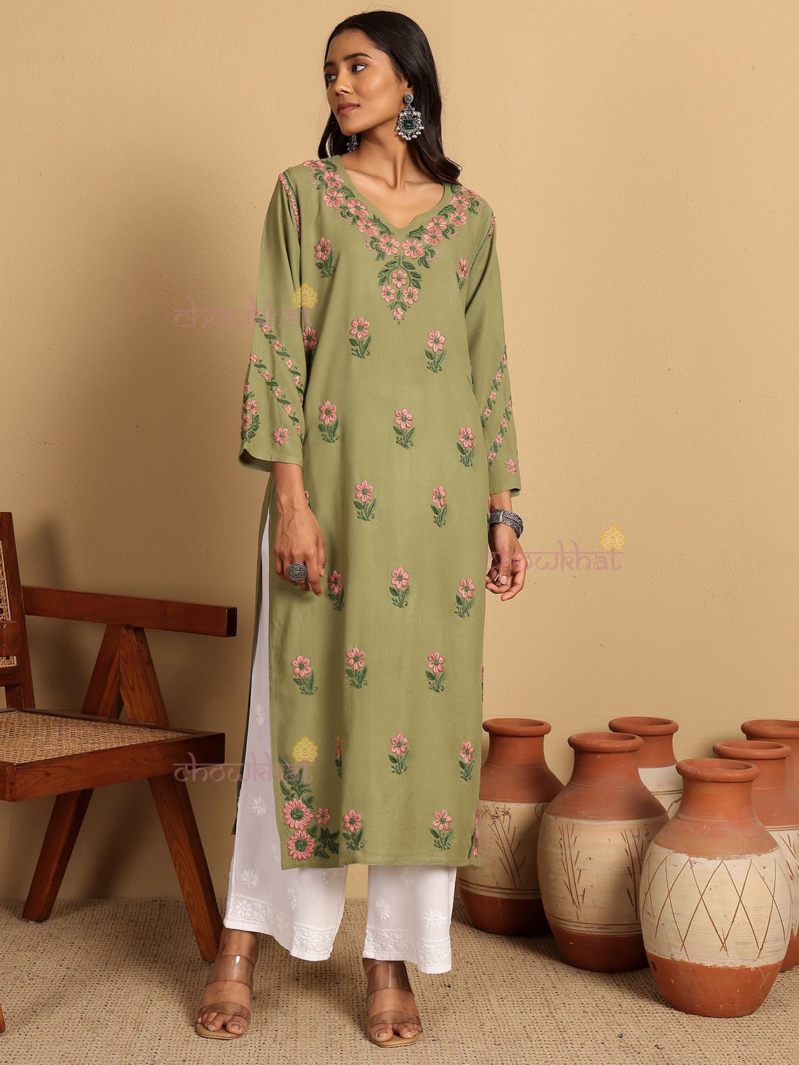 Aqsa Premium Rayon Straight Chikankari Kurti - Chowkhat Lifestyle