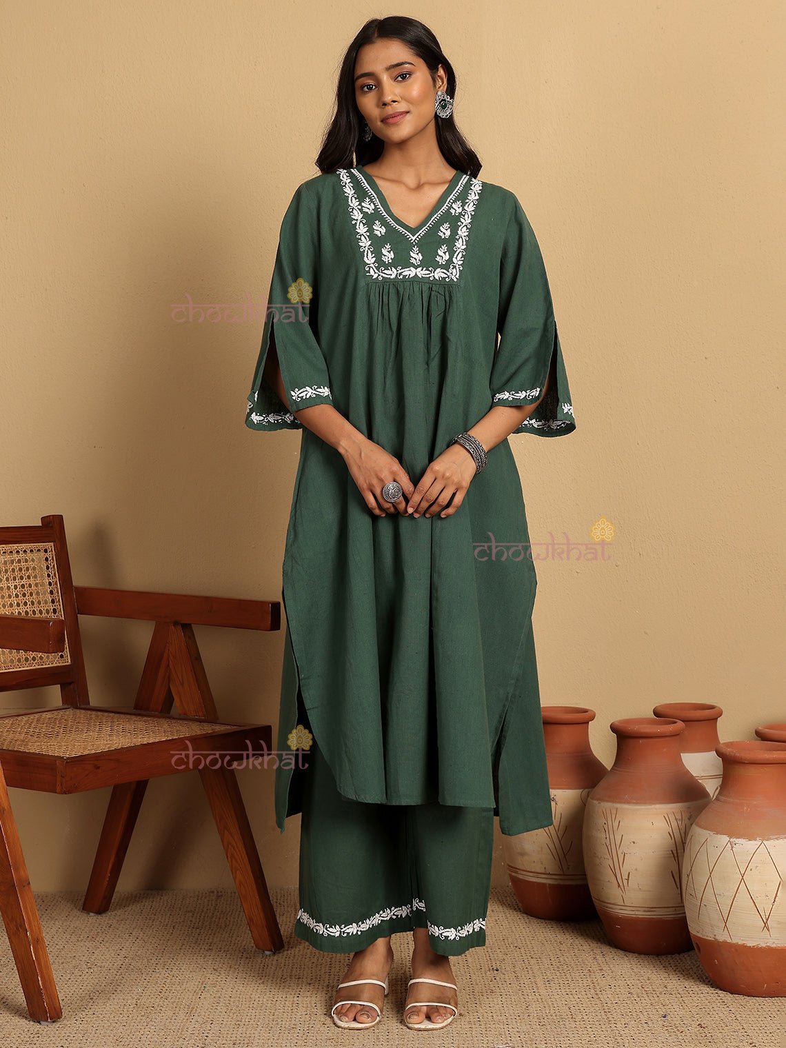 Aarvi Cotton Flex Hand Embroidered Chikankari Kurti & Palazzo Set - Chowkhat Lifestyle