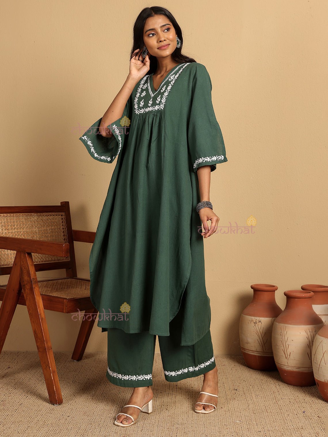 Aarvi Cotton Flex Hand Embroidered Chikankari Kurti & Palazzo Set - Chowkhat Lifestyle