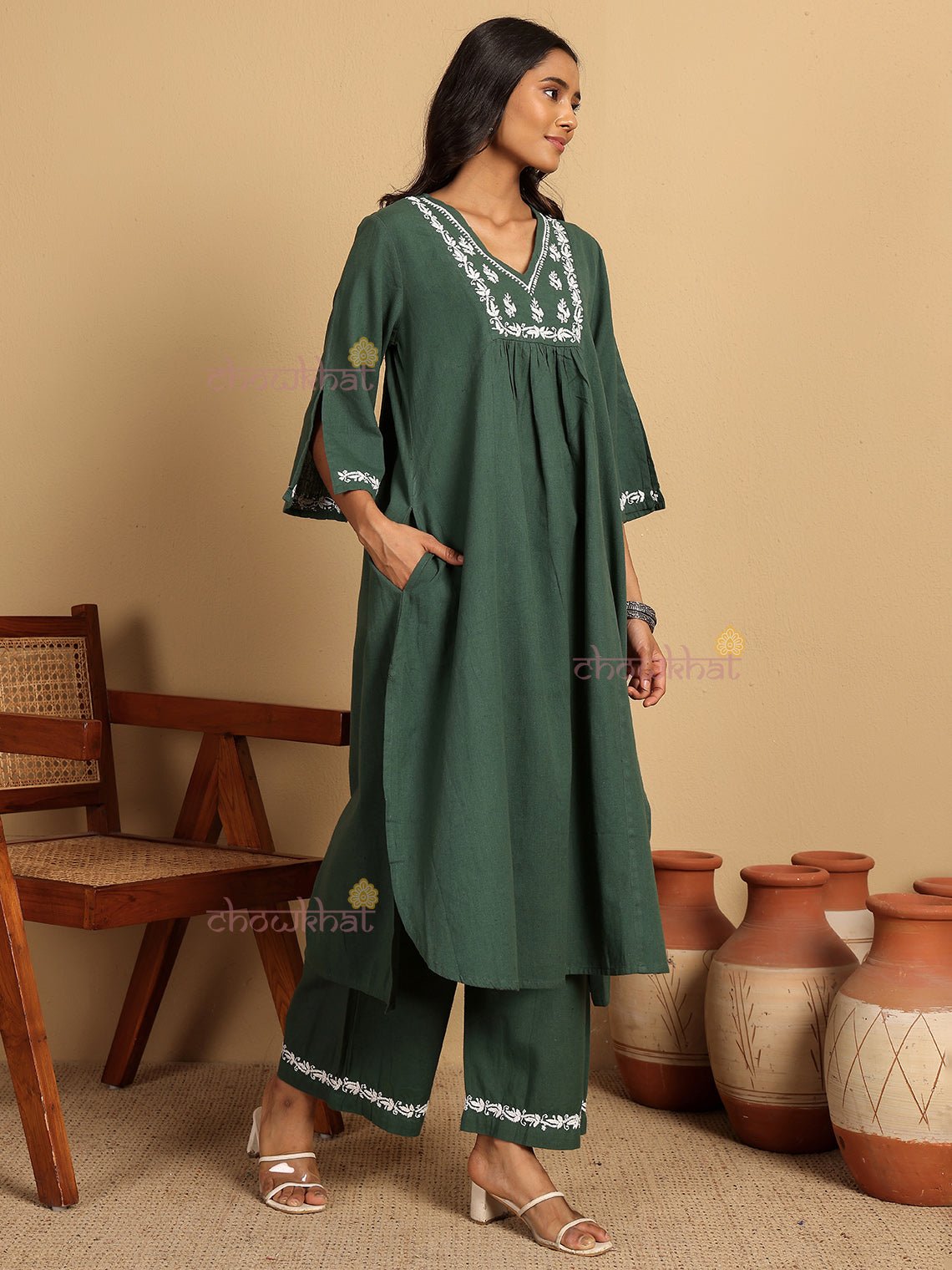 Aarvi Cotton Flex Hand Embroidered Chikankari Kurti & Palazzo Set - Chowkhat Lifestyle