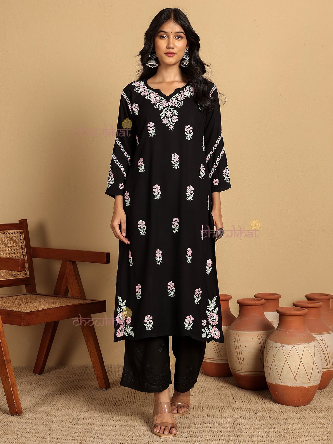 Aqsa Premium Rayon Straight Chikankari Kurti - Chowkhat Lifestyle