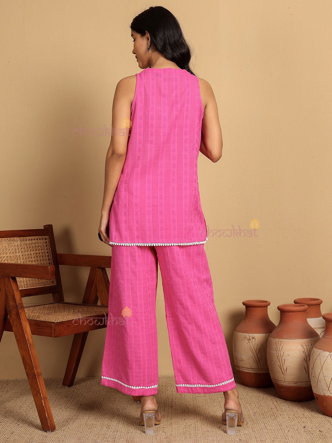 Geet Slub Cotton Co - ord Set With Lace Detailing - Chowkhat Lifestyle