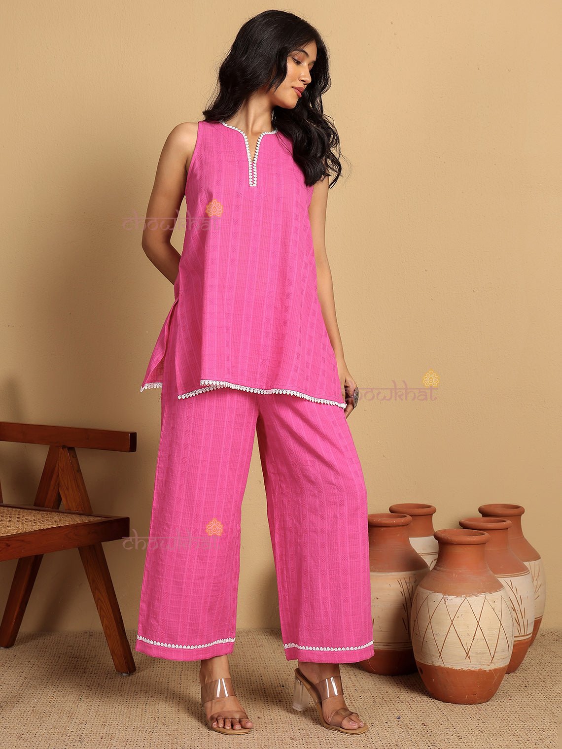 Geet Slub Cotton Co - ord Set With Lace Detailing - Chowkhat Lifestyle