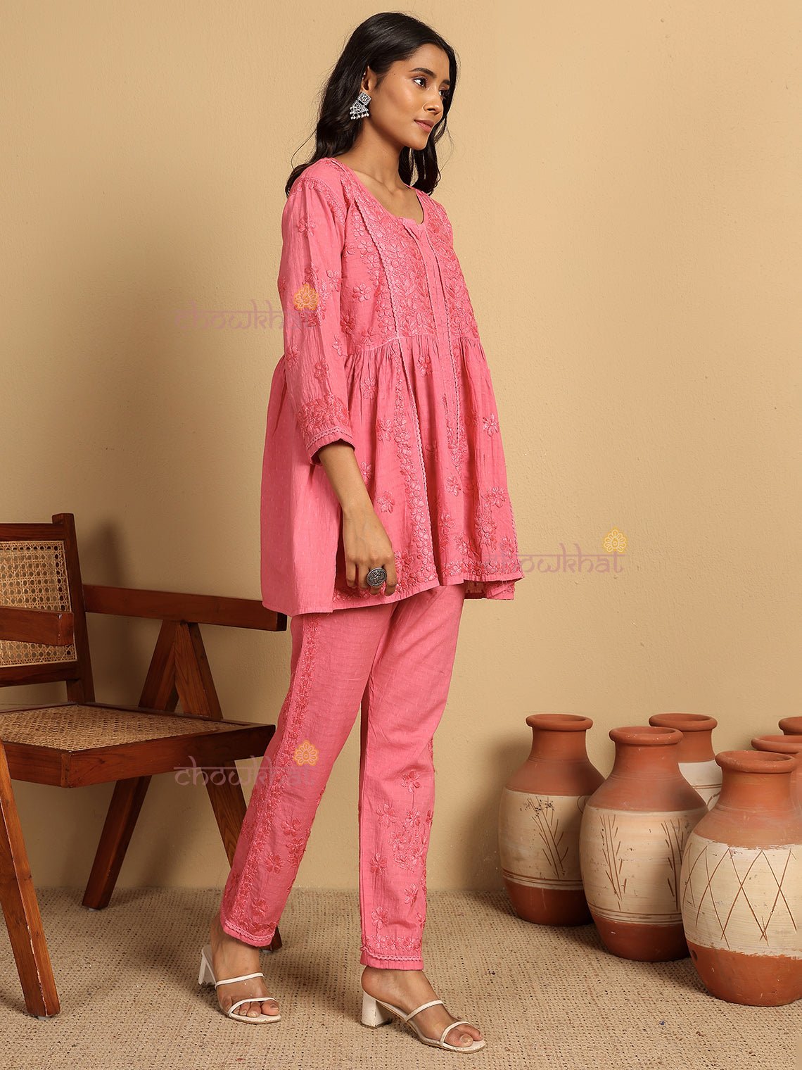 Arika Mul Cotton Hand Embroidered Chikankari Kurti & Palazzo Set - Chowkhat Lifestyle