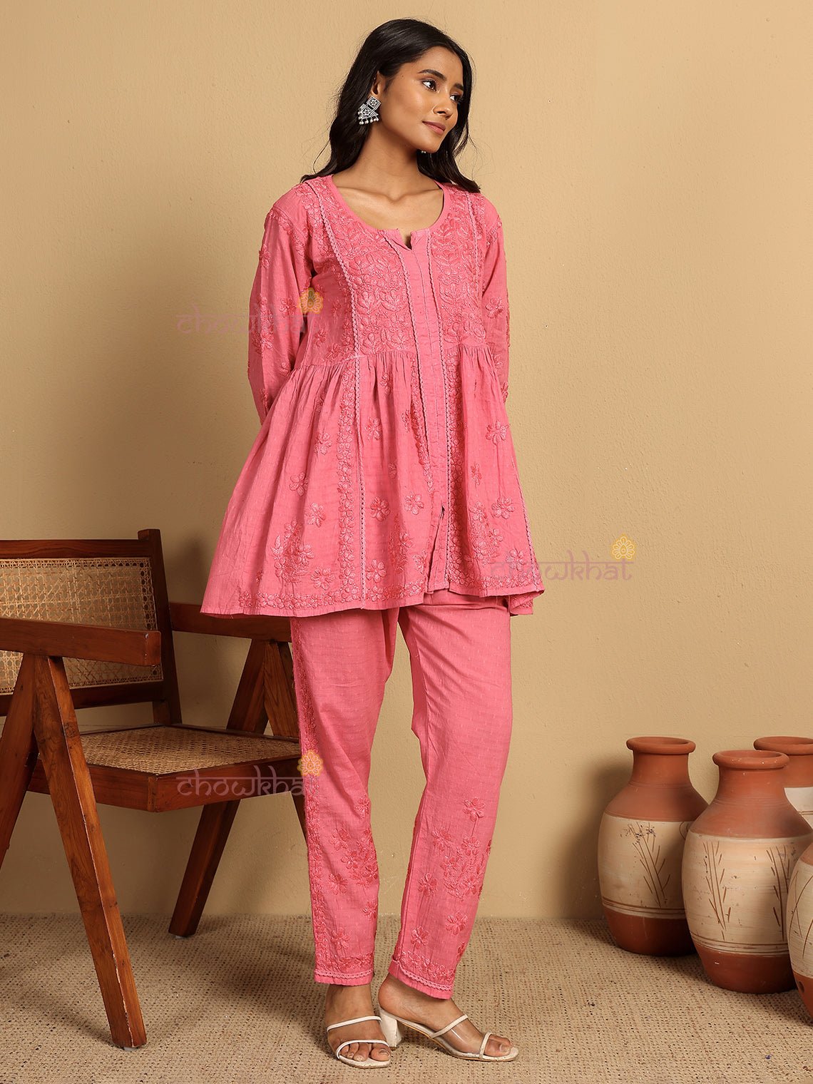 Arika Mul Cotton Hand Embroidered Chikankari Kurti & Palazzo Set - Chowkhat Lifestyle